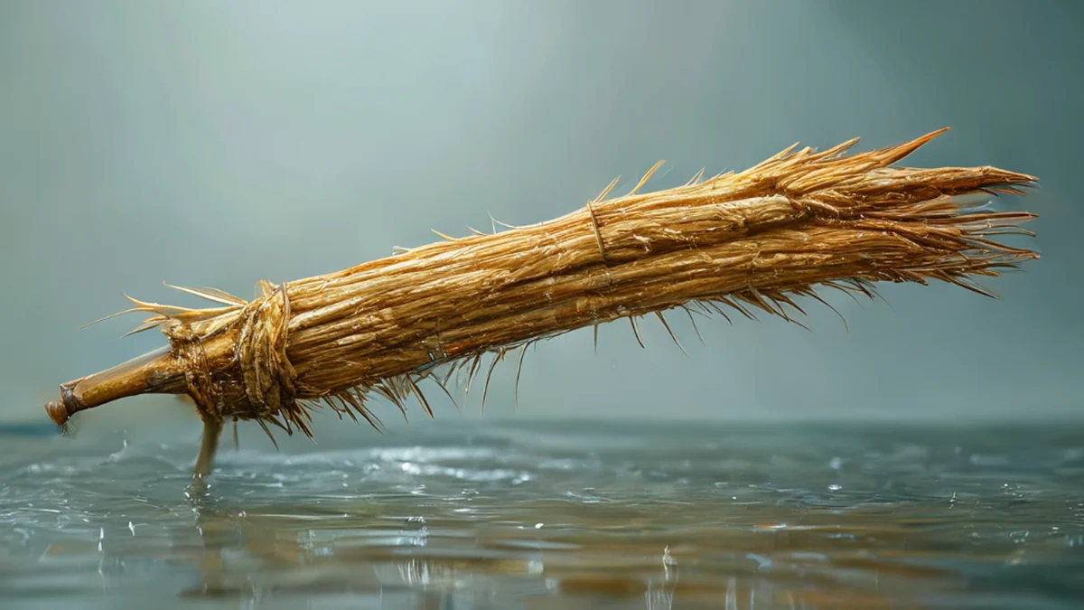 Uma espina espessa, fibrosa, de cana do mar, de pé em água pouco profunda, sob luz de studio softbox limpa, profundidade de campo suave, fotorealista, foco afiado, detalhes altos