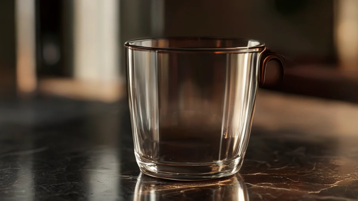 A ceramic measuring cup with markings for food portions.