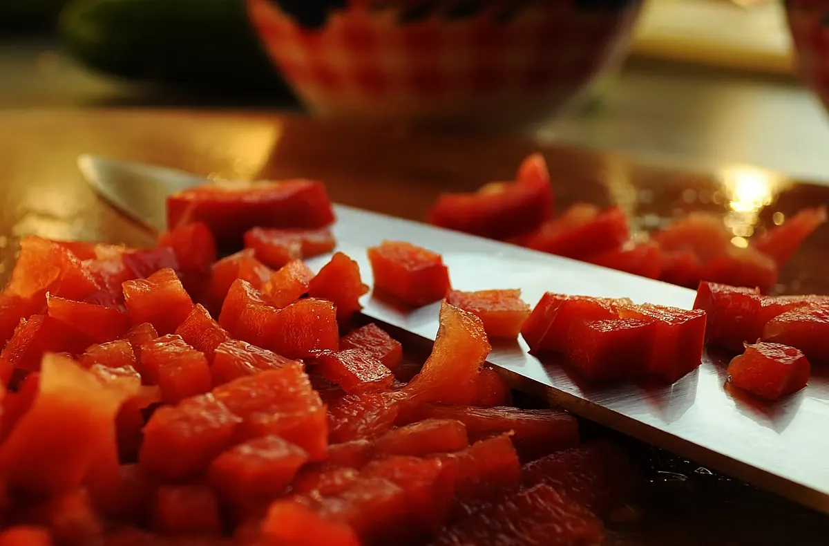 Sliced red bell peppers on a cutting board with a kitchen knife. Perfect for cooking themes.